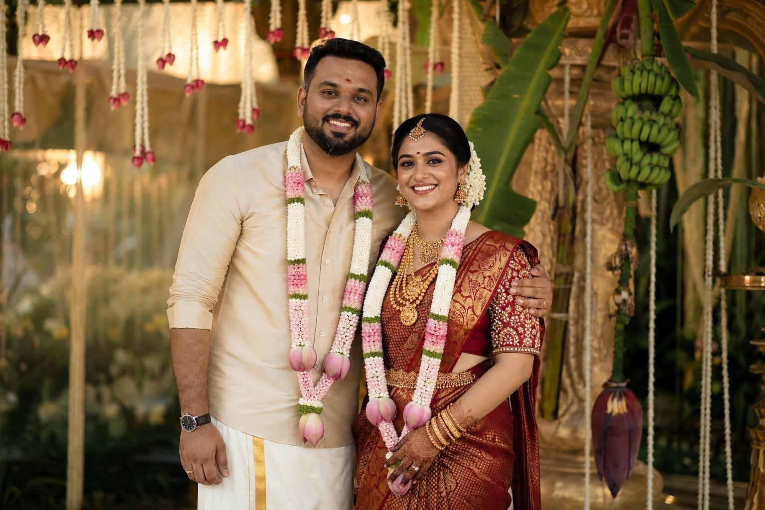Happy Smart Couple bride and groom in traditional wedding attire
